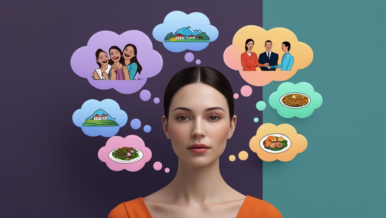 Mujer con expresión neutra y siete burbujas alrededor de su cabeza que simbolizan los duelos migratorios: amistades, paisaje, familia, estatus social, idioma, cultura y comida.