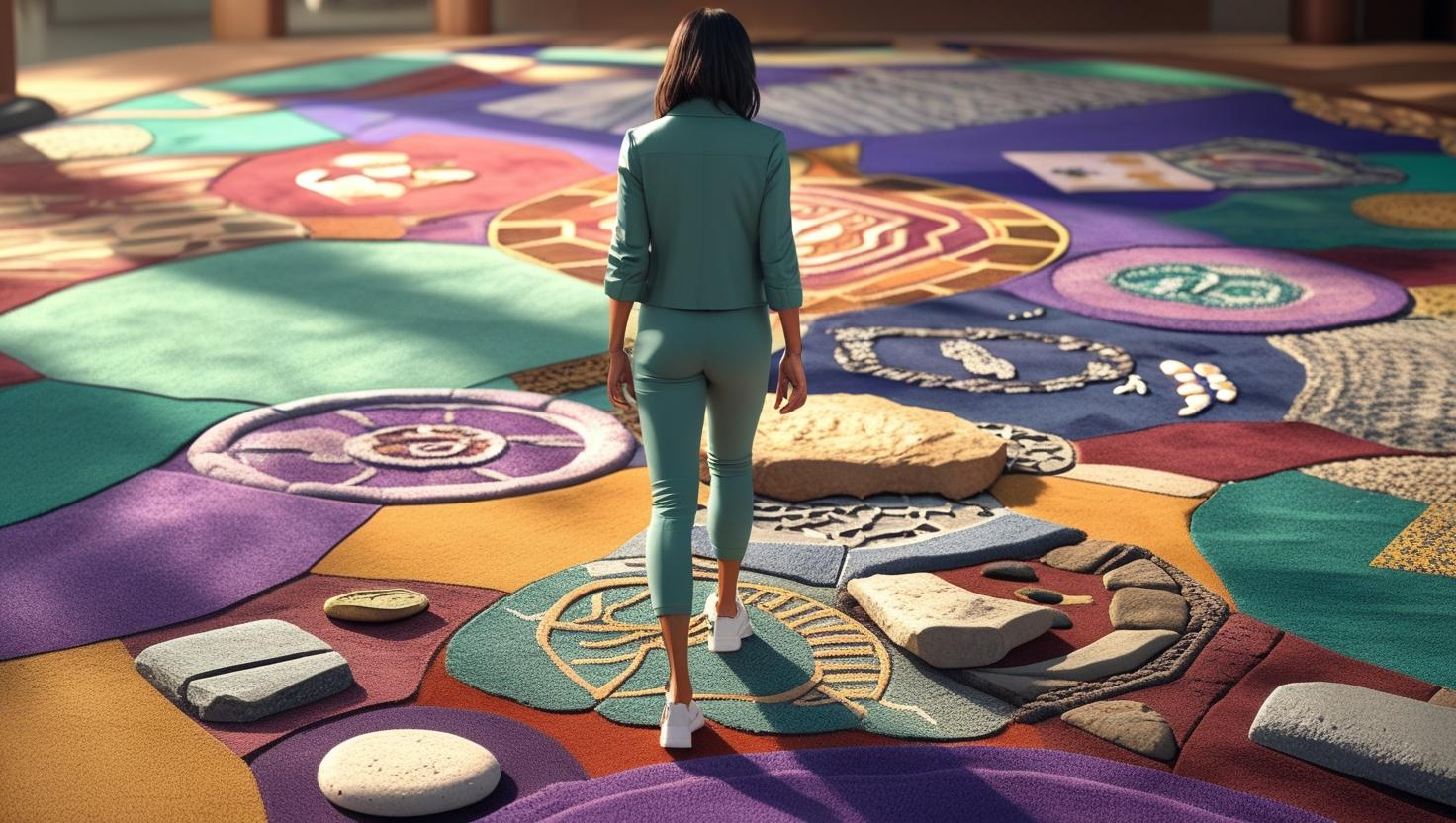 Mujer caminando sobre un tapiz simbólico con elementos culturales diversos