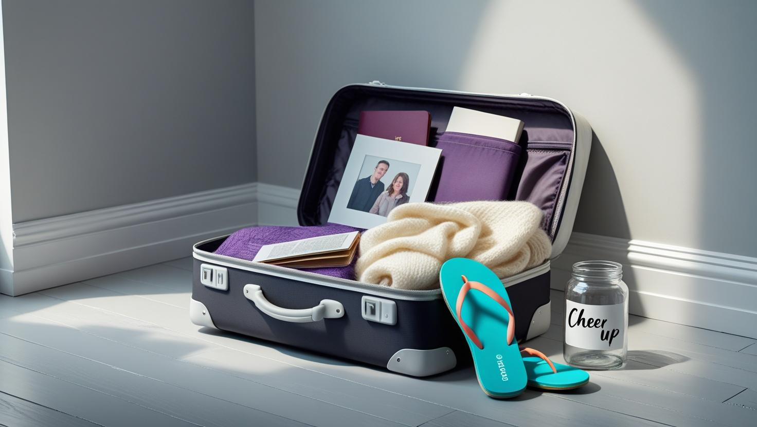 Maleta abierta en el suelo con objetos personales como una foto familiar, un libro, ropa doblada y unas chanclas color turquesa. A un lado, un frasco de cristal con la etiqueta "Cheer up". La escena transmite nostalgia, vulnerabilidad y el sentimiento de estar lejos de casa, representando metafóricamente la experiencia emocional de una persona que vive en el extranjero y atraviesa un episodio depresivo.
