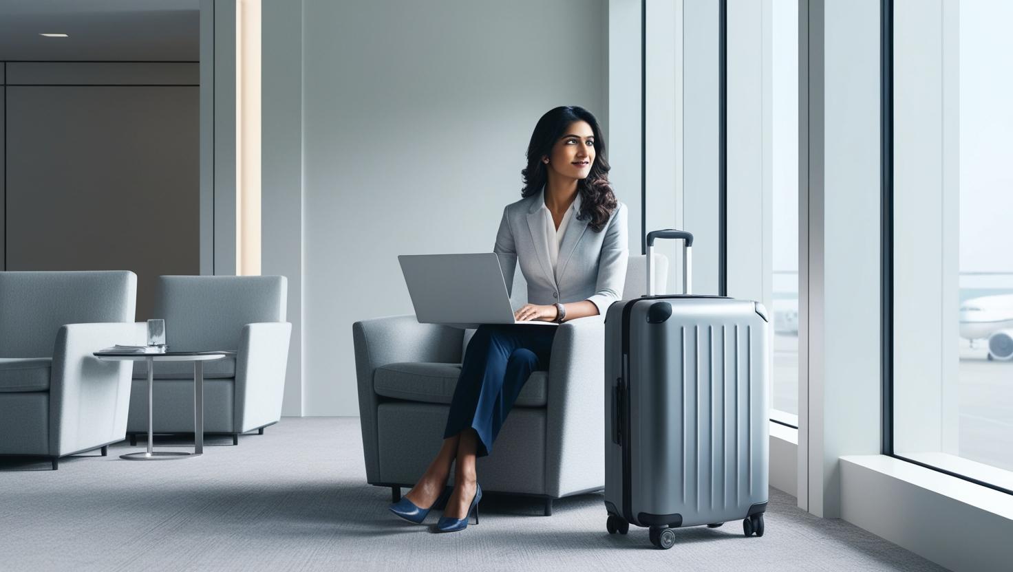 Mujer ejecutiva trabajando en un aeropuerto, preparándose para un proceso de movilidad internacional corporativa