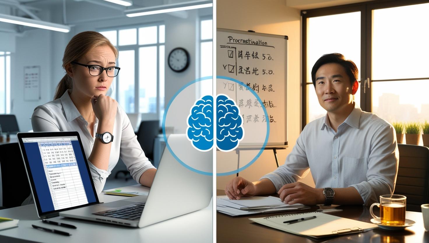Personas de diferentes culturas gestionando el tiempo y la procrastinación en un entorno profesional