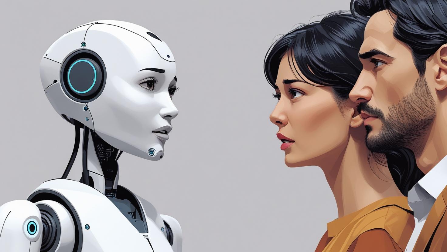 Dos personas observan atentamente a un robot humanoide, simbolizando el impacto de la inteligencia artificial en la comunicación humana y empresarial.