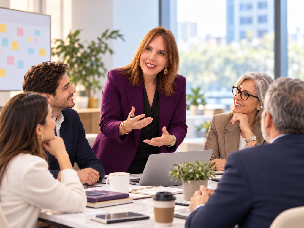 Mercedes Valladares facilitando una conversación con un equipo multicultural