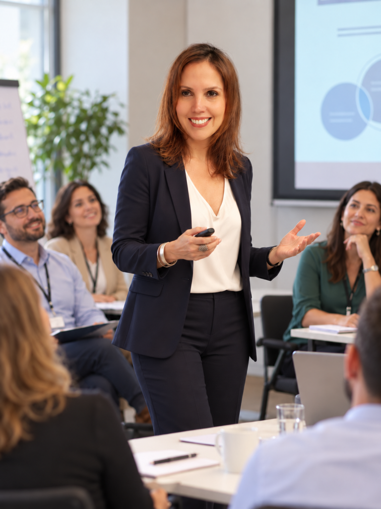 Mercedes Valladares impartiendo una formación empresarial a un grupo de profesionales