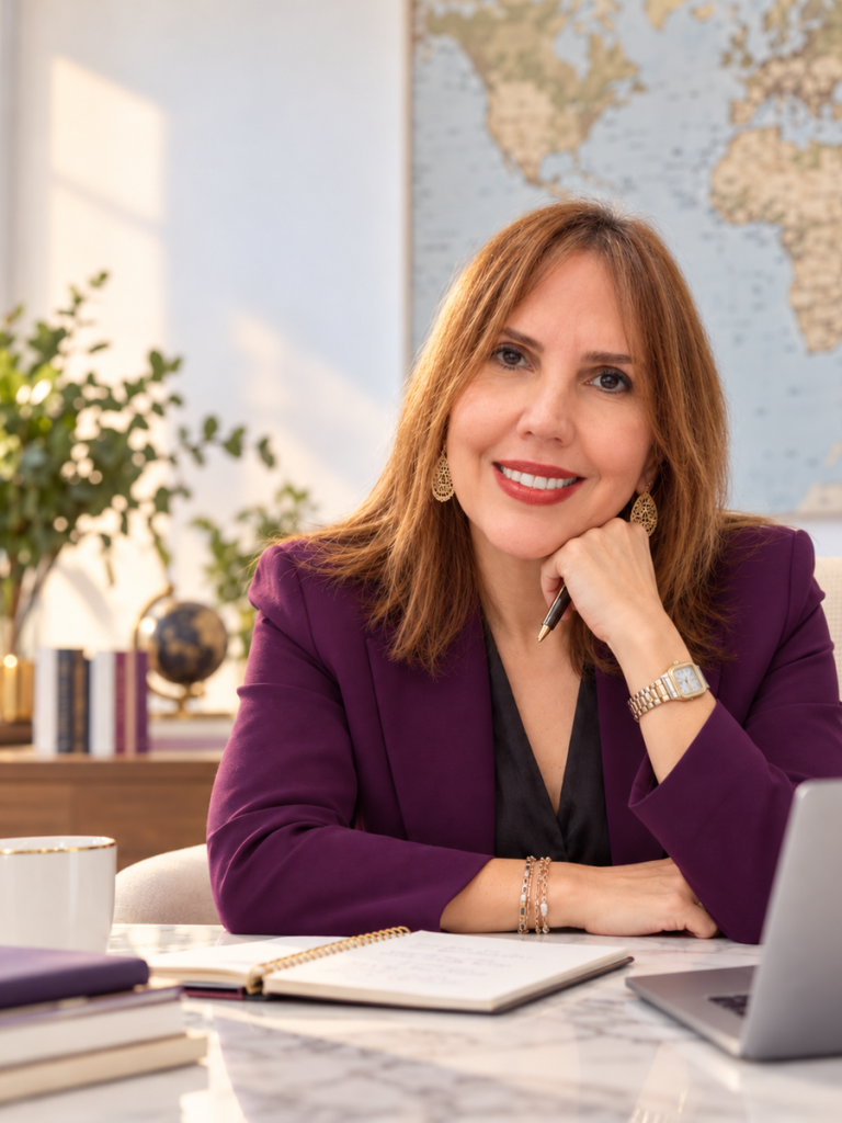 Mercedes Valladares en un entorno profesional con un mapa del mundo al fondo